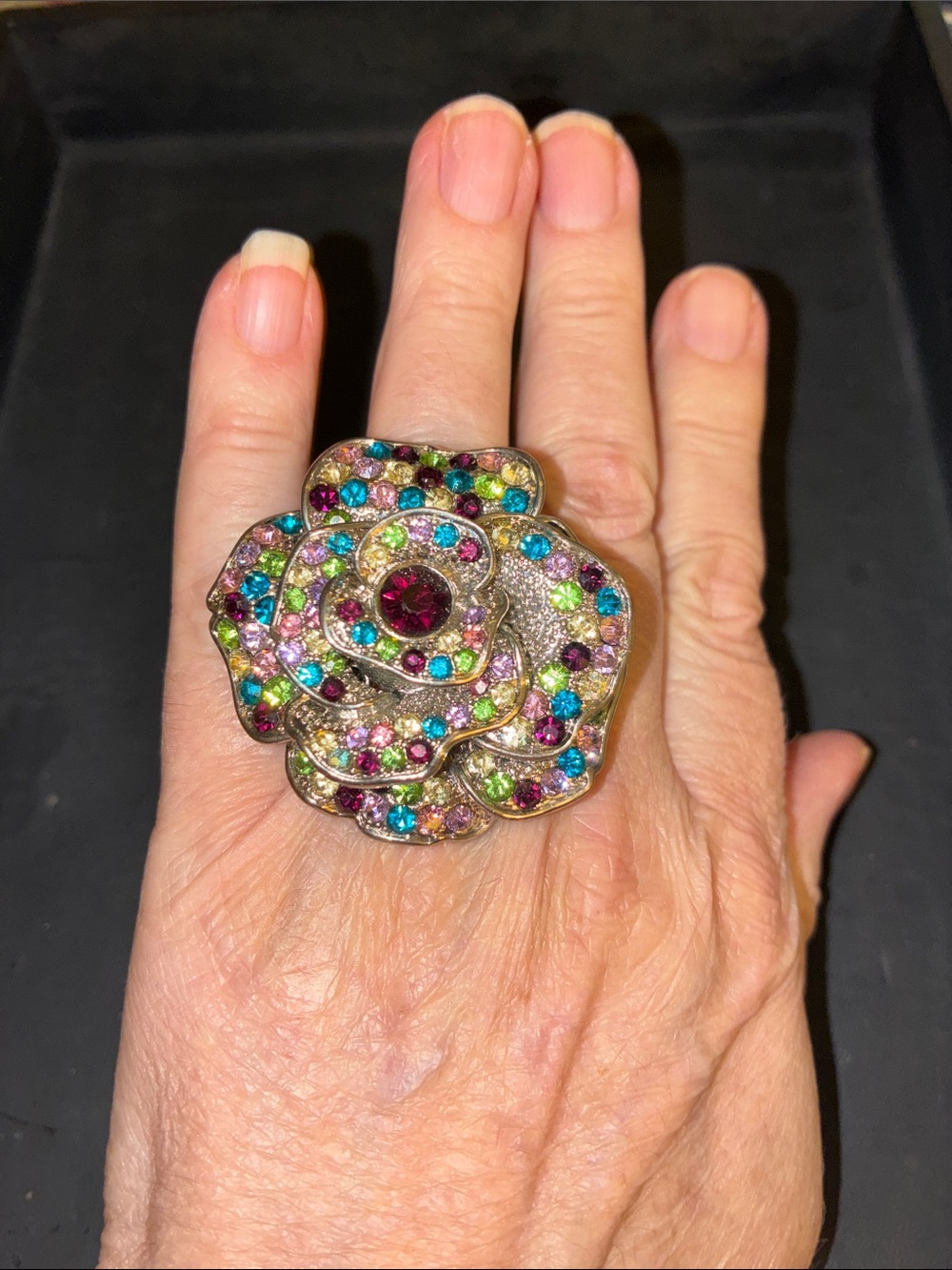Multicolor Crystal Flower Statement Stretch Ring.